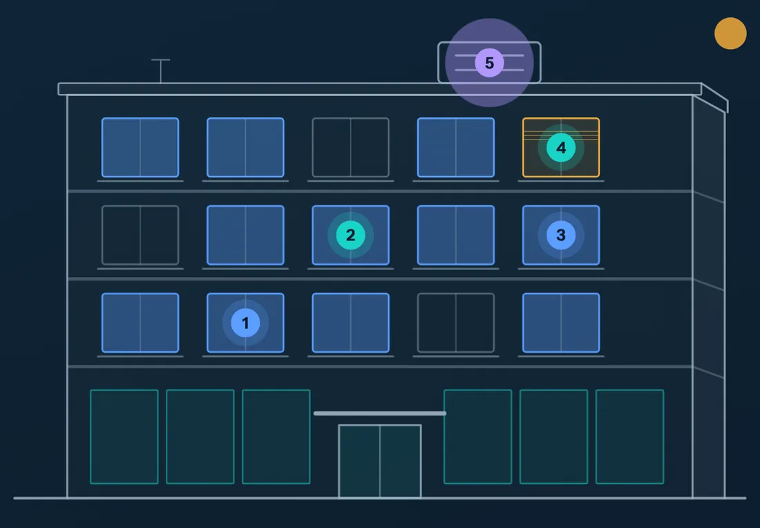 Schematic building facade with highlighted rooms and systems that the AI looks after.